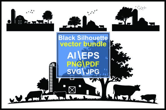 Charming Rural Art: Silhouettes with Barn and Livestock