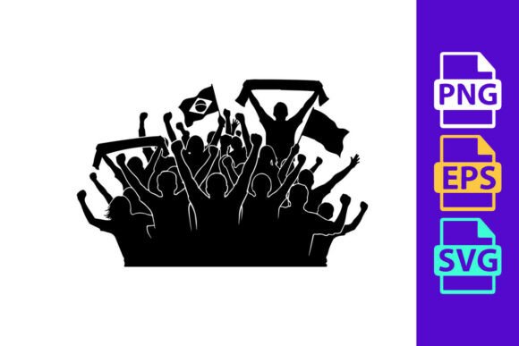 Dynamic Energy: The Silhouette of a Cheering Crowd with Flag Clipart