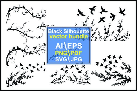Monochrome Nature Vectors: Black and White Birds Branches Flying