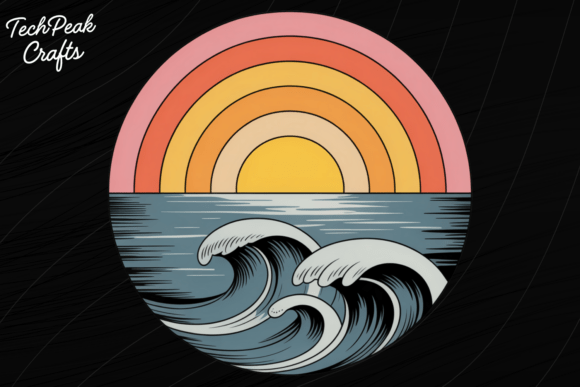 Retro Ocean Wave Sunset PNG: Capture Coastal Calm & Vintage Summer Energy