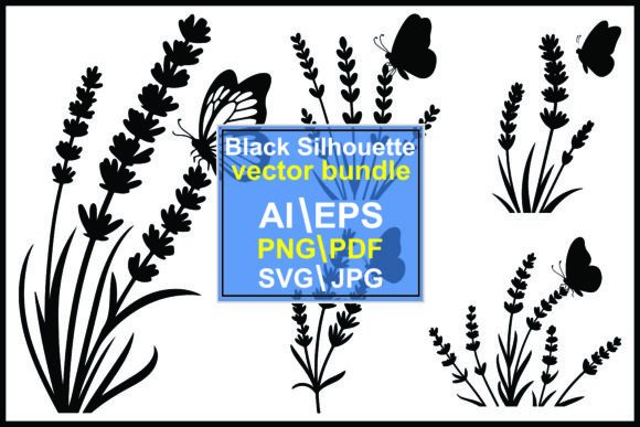 Silhouette Lavender Plants Butterflies: A Botanical Vector Bundle