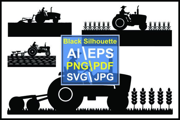 Silhouettes of Farmers Driving Tractors: Rural Visual Assets