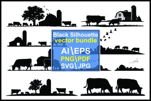 Timeless Countryside Charm: Silhouettes of Cows Grazing Near Barns