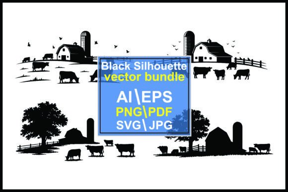 Timeless Rural Charm: Silhouettes with Barns Cows and Trees
